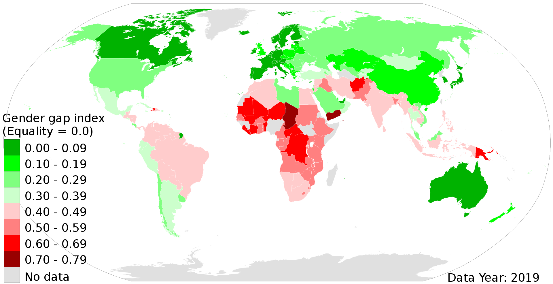 Countries by UN Gender Inequality Index in 2019. Red denotes more gender inequality, and green more equality. Ⓒ Asus2004, CC BY-SA 4.0