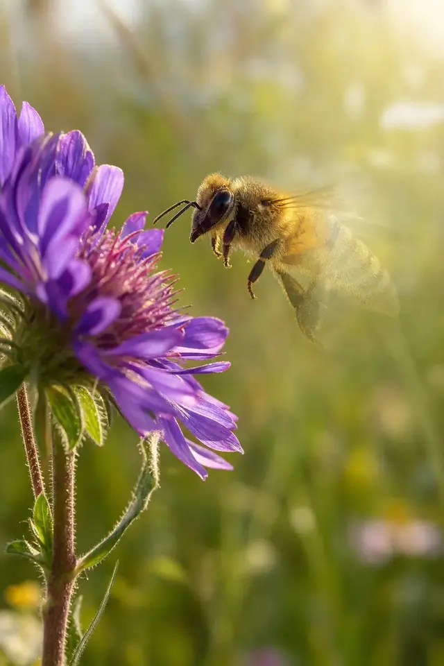 A bee approaching a purple flower