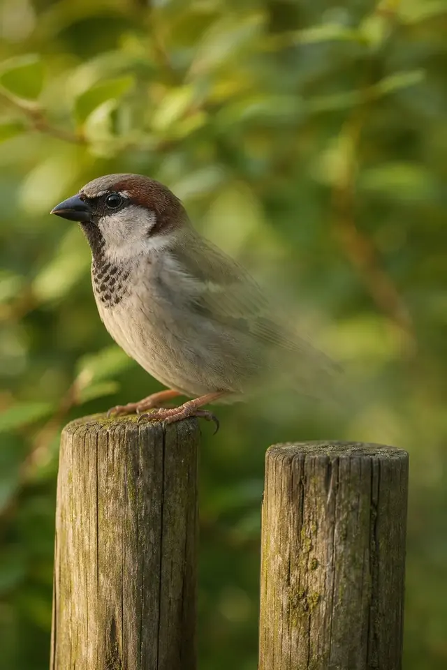 A sparrow perched on a wooden post